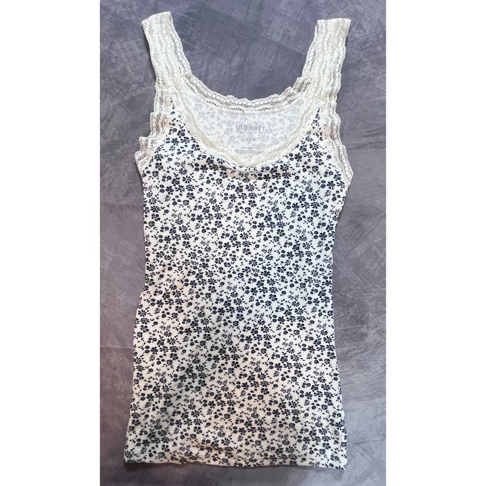 Old Navy Tank Top Womens Medium White Blue Floral Lace Trim Ribbed Scoop Neck